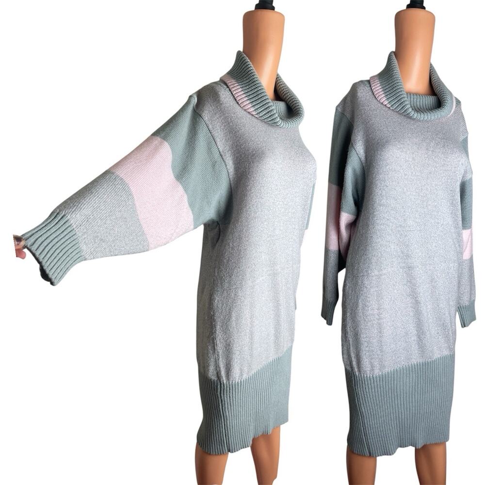 Oversized Long Midi Turtleneck Knit Sweater Long Dress Light Grey Pink Large